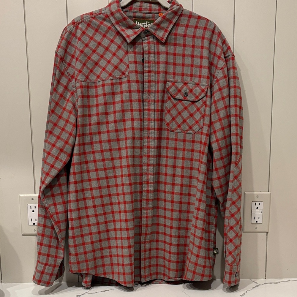 Howler Bros  Men's Casual Red and Gray Checkered Flannel Shirt